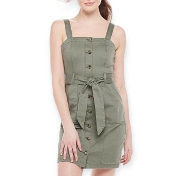 SO Juniors Olive Green Button Front Pinafore Denim Mini Dress - Picture 1 of 8